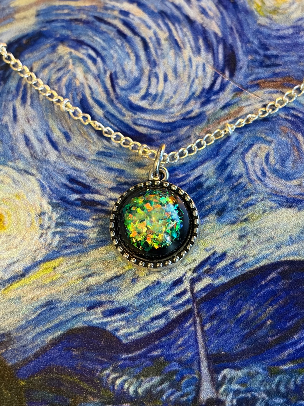 Iridescent Opal Flake Round Pendant Necklace in Green-Blue - Women's Jewelry